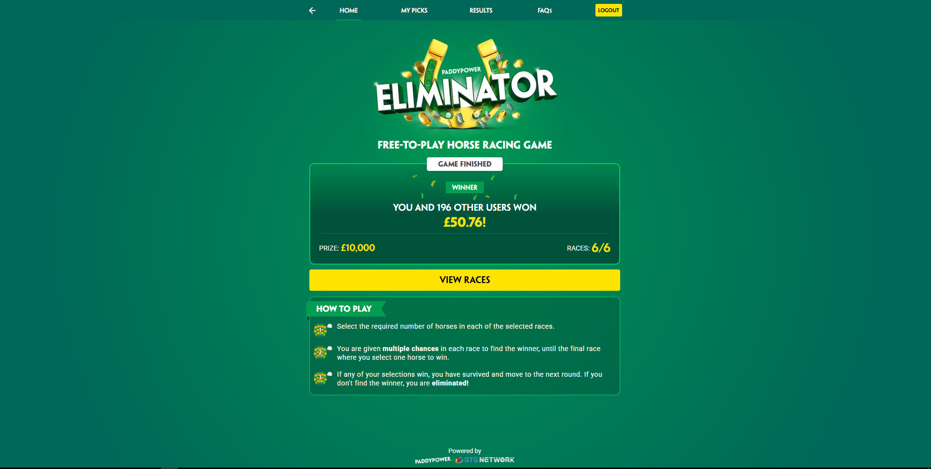Paddy Power Eliminator Winner Dashboard